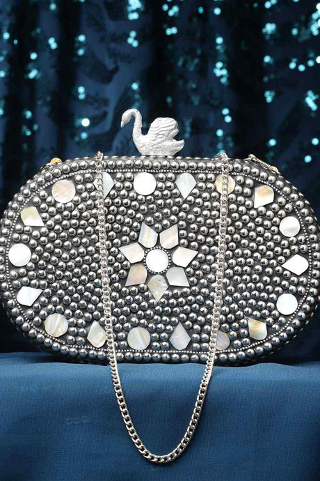 Buy Silver and White Marble Mosaic Embellished Metal Box Clutch Online - Front