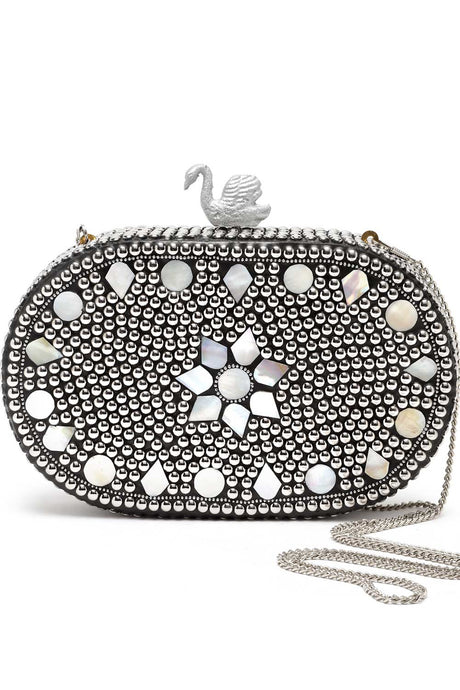 Buy Silver and White Marble Mosaic Embellished Metal Box Clutch Online - Side