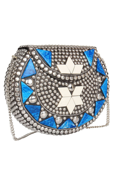 Metal Clutch In Silver, Blue And White