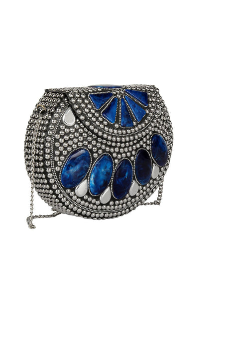 Metal Clutch In Silver And Blue