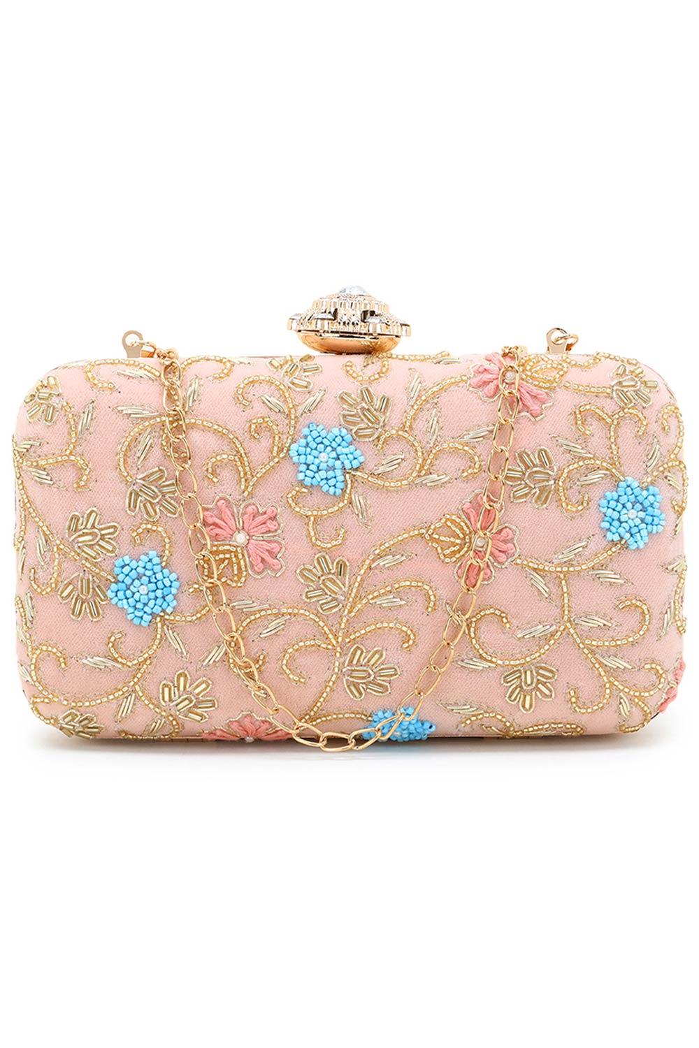 Adorn Peach & Multi Velvet Floral Embellished Clutch