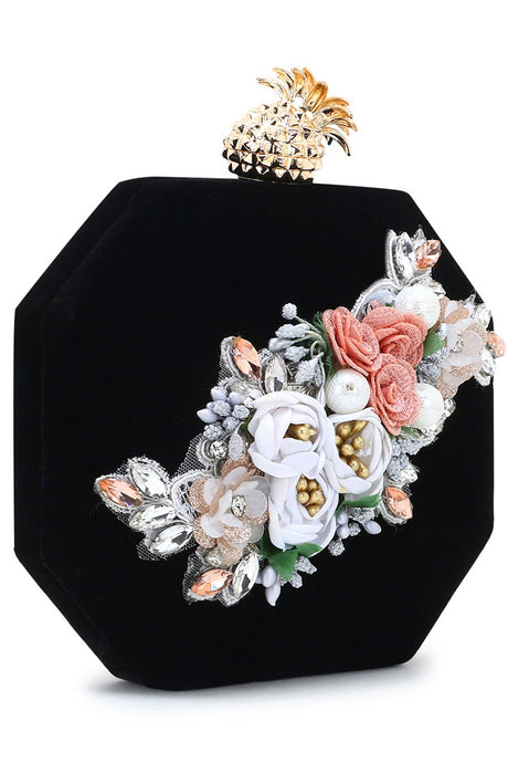 Adorn Black & Multi Velvet Floral Embellished Clutch