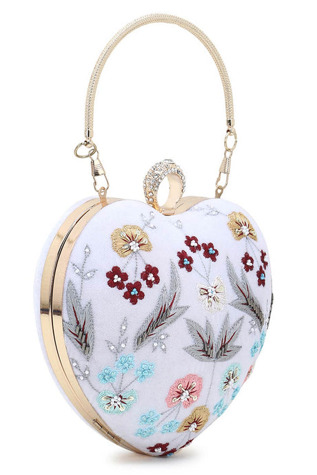 Love White & Multi Velvet Floral Embroidered Heart shaped Clutch