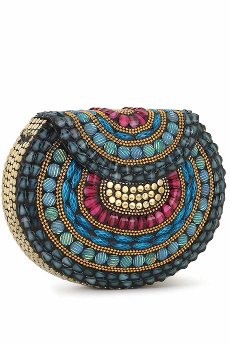 Turquoise Blue And Multi Metal Embellished Clutch