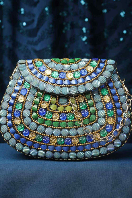 Buy Turquoise Blue and Multi Mosaic Embellished Metal Halfmoon Clutch Online - Front