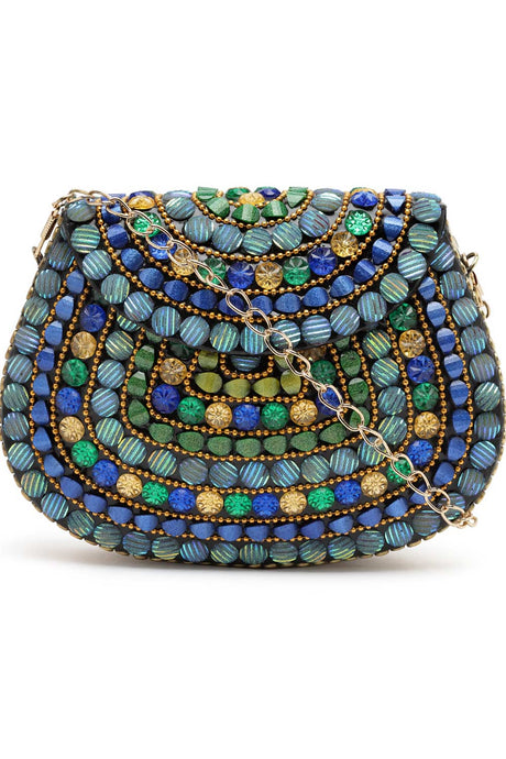Buy Turquoise Blue and Multi Mosaic Embellished Metal Halfmoon Clutch Online - Side