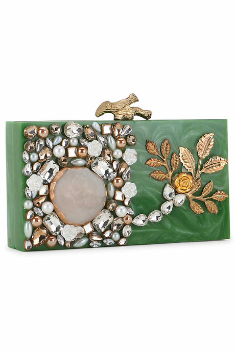 Sea Green And Gold Resin Stone Embellished Clutch