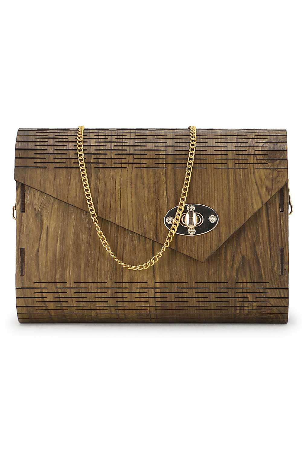 Brown And Gold Mdf Wood Textured Clutch