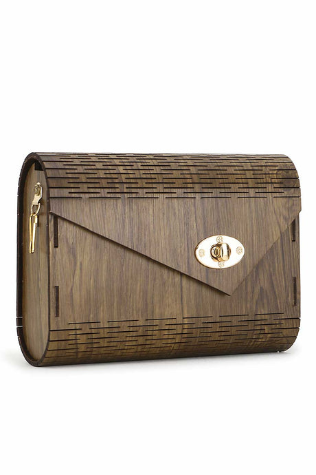Brown And Gold MDF Wood Textured Clutch