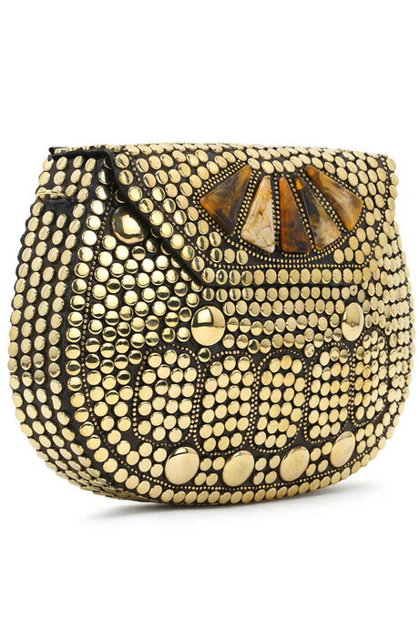Mosiac Gold & Brown Metal Clutch with Stone Work