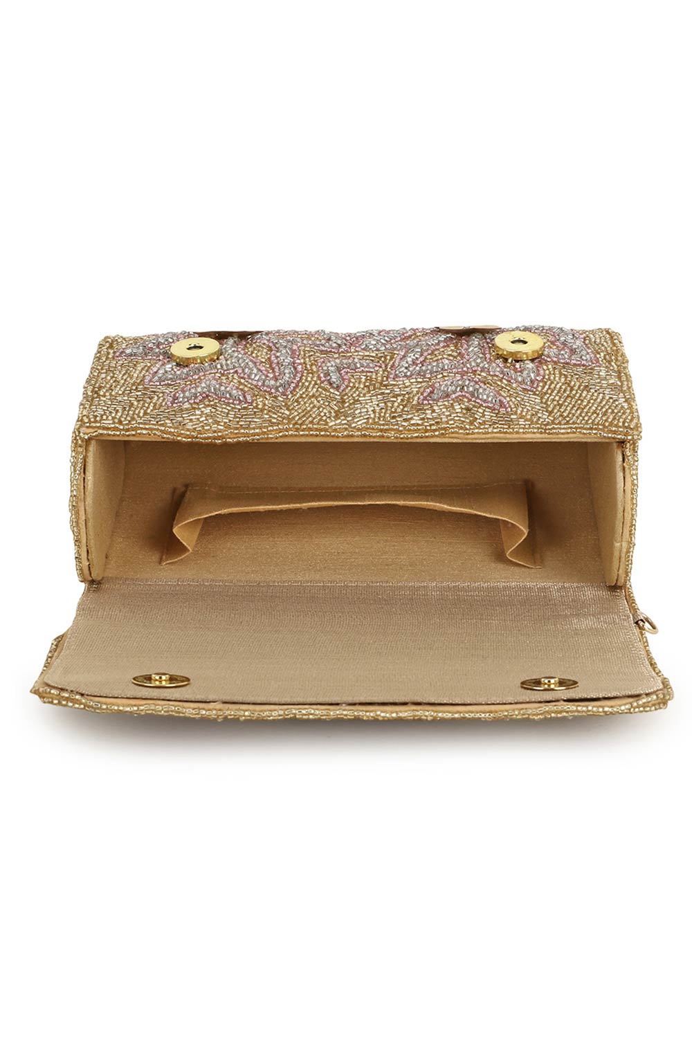Coffer Gold & Silver & Pink Faux Silk Floral Embellished Clutch