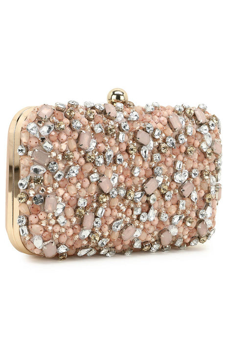 Adorn Peach & Multi Embellished Satin Clutch