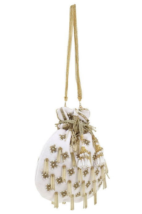 Dangle White & Gold Embellished Velvet Potli