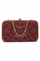 Maroon And Multi Faux Silk Abstract Embellished Clutch