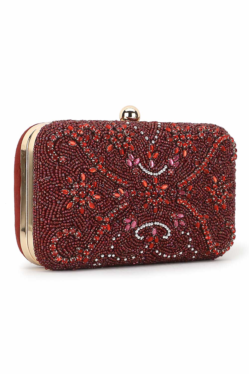 Maroon And Multi Faux Silk Abstract Embellished Clutch