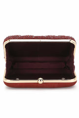 Maroon And Multi Faux Silk Abstract Embellished Clutch