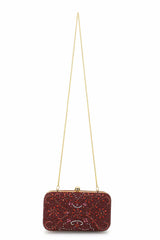 Maroon And Multi Faux Silk Abstract Embellished Clutch