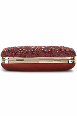 Maroon And Multi Faux Silk Abstract Embellished Clutch