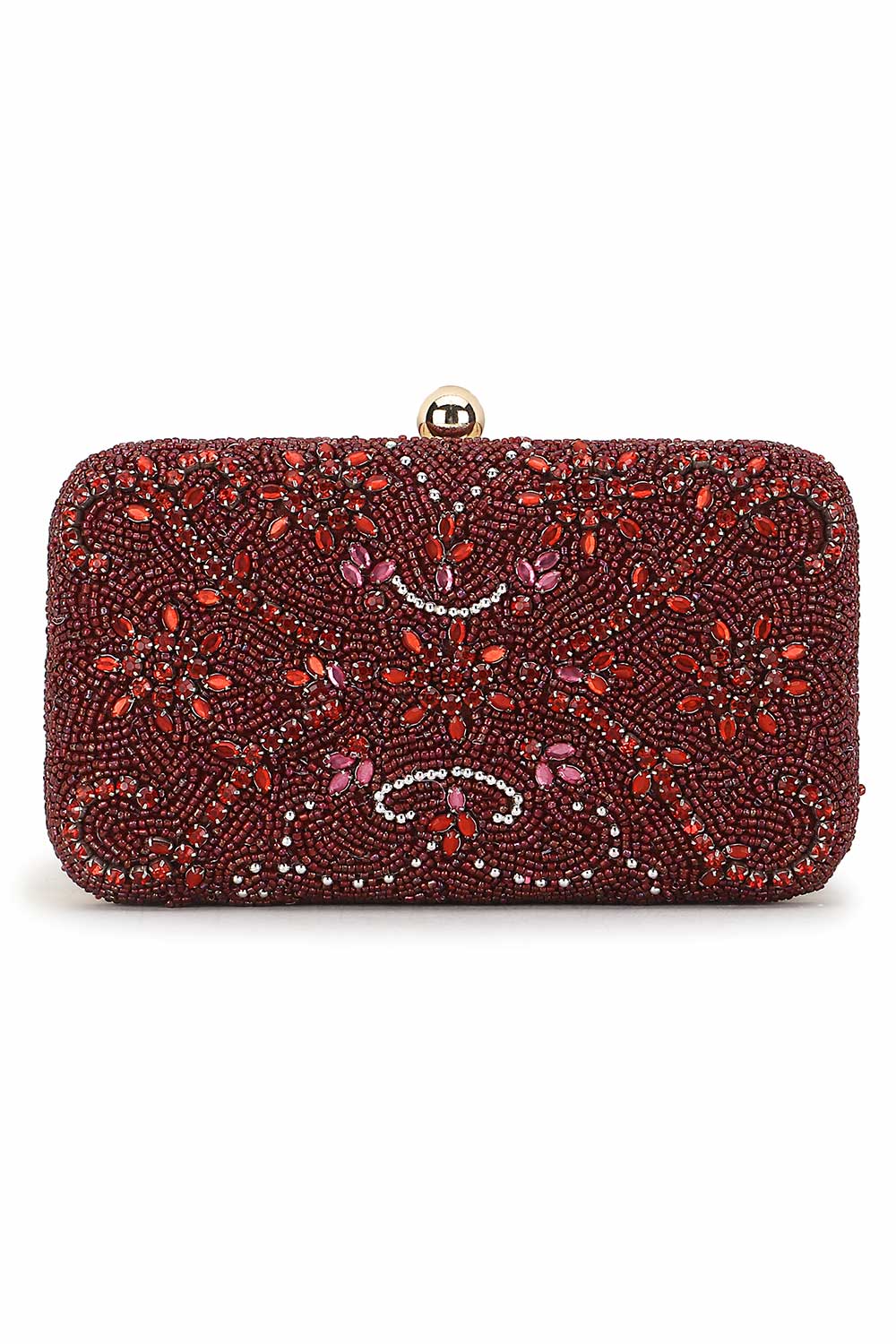 Maroon And Multi Faux Silk Abstract Embellished Clutch