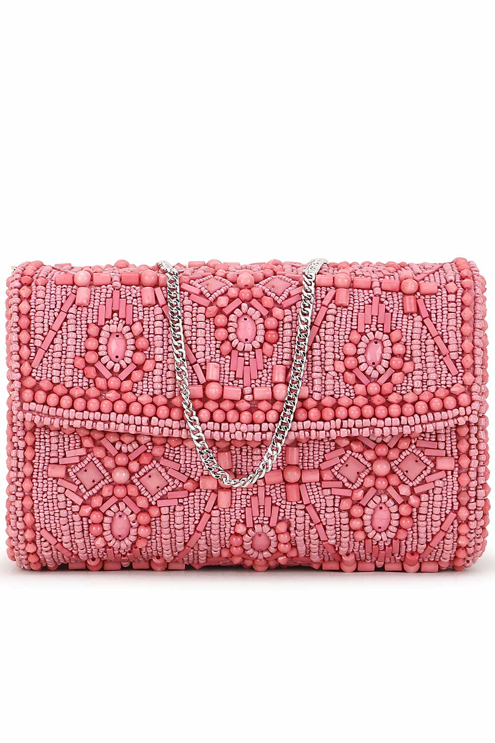 Pink And Silver Faux Silk Ethnic Motifs Embellished Clutch