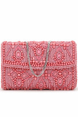 Pink And Silver Faux Silk Ethnic Motifs Embellished Clutch