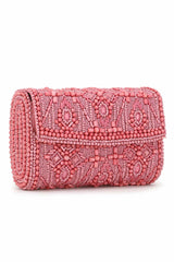 Pink And Silver Faux Silk Ethnic Motifs Embellished Clutch