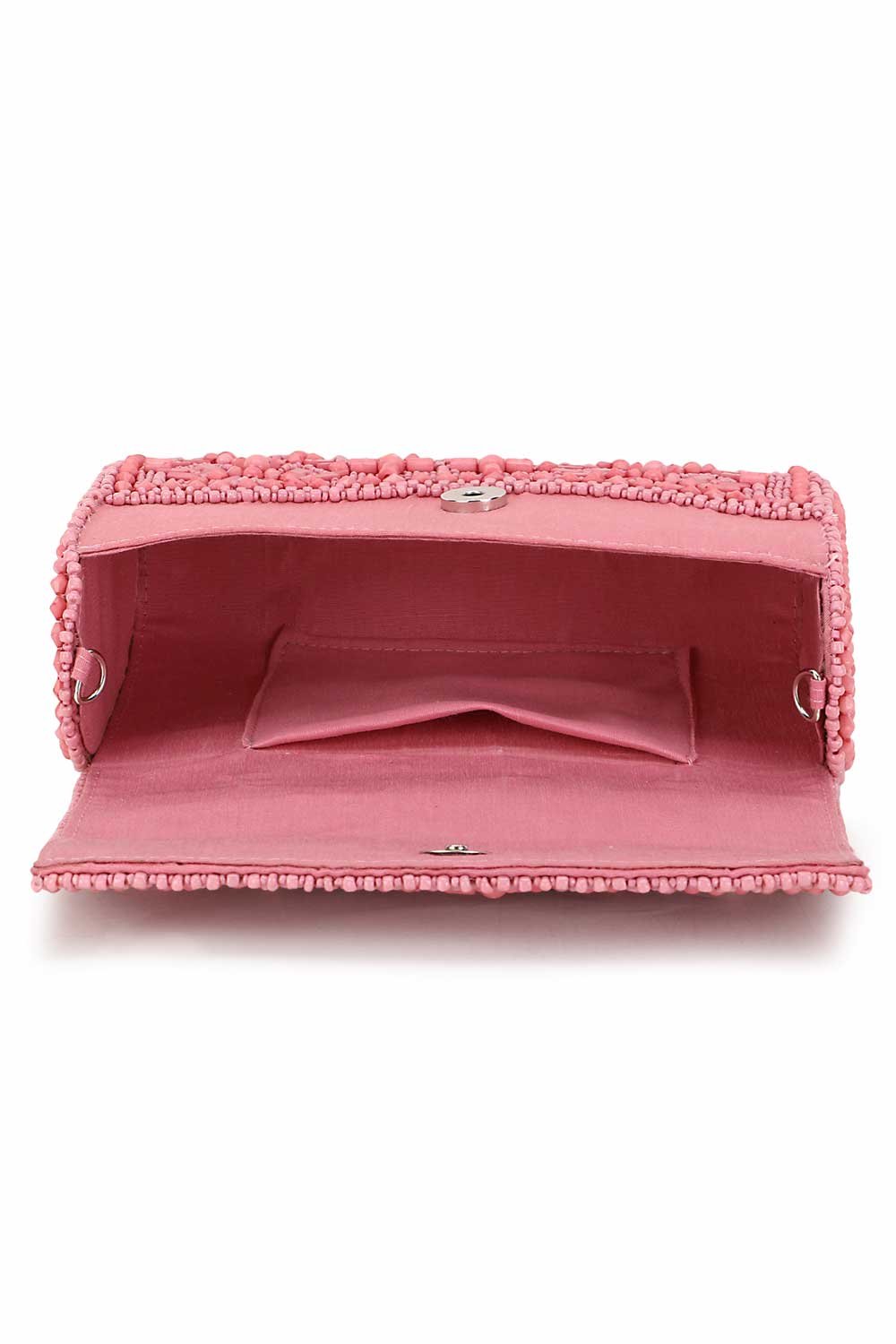 Pink And Silver Faux Silk Ethnic Motifs Embellished Clutch