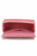 Pink And Silver Faux Silk Ethnic Motifs Embellished Clutch