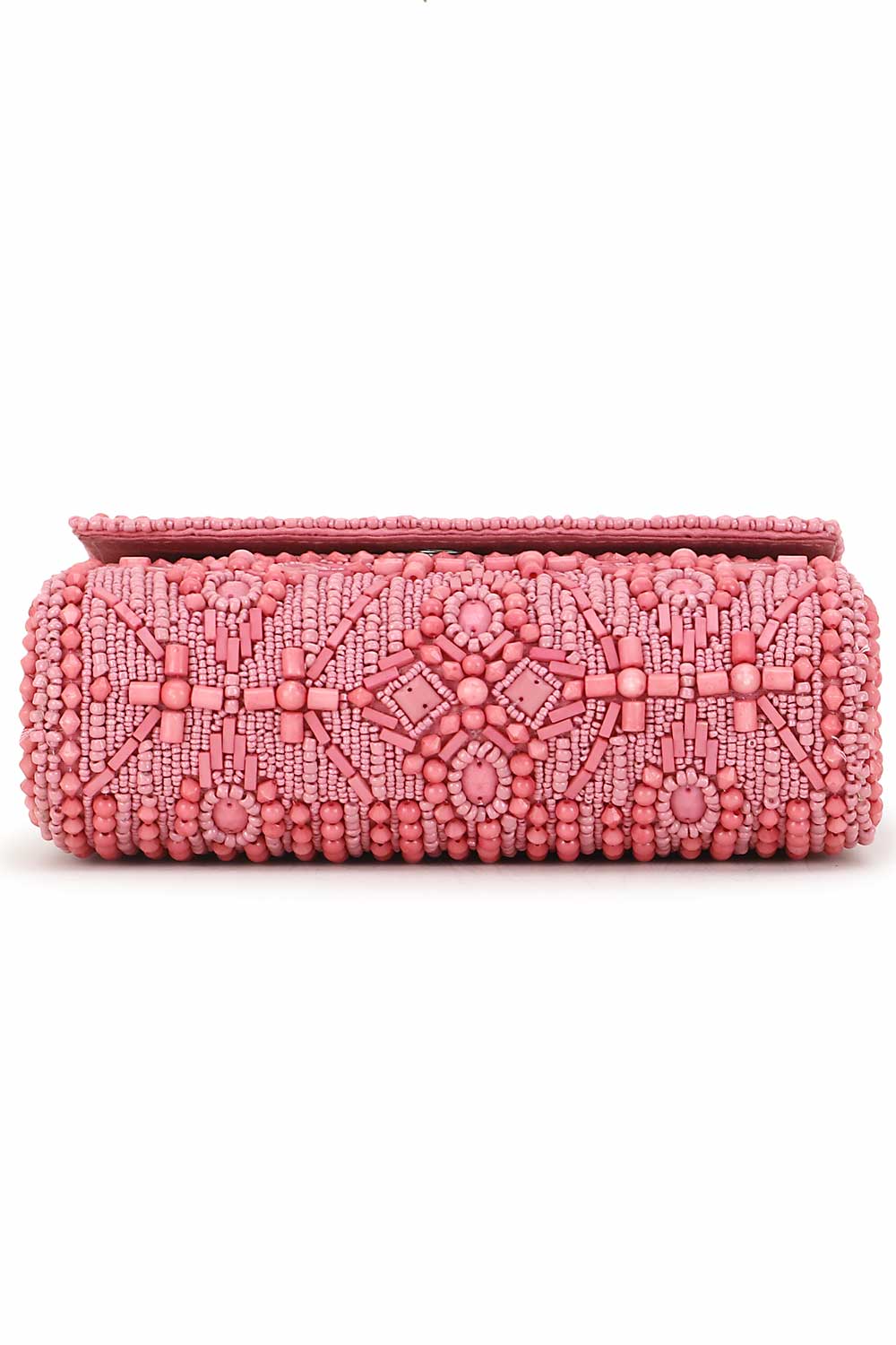 Pink And Silver Faux Silk Ethnic Motifs Embellished Clutch