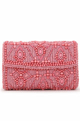 Pink And Silver Faux Silk Ethnic Motifs Embellished Clutch