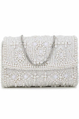 White And Silver Faux Silk Ethnic Motifs Embellished Clutch