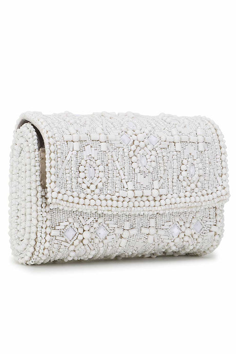 White And Silver Faux Silk Ethnic Motifs Embellished Clutch