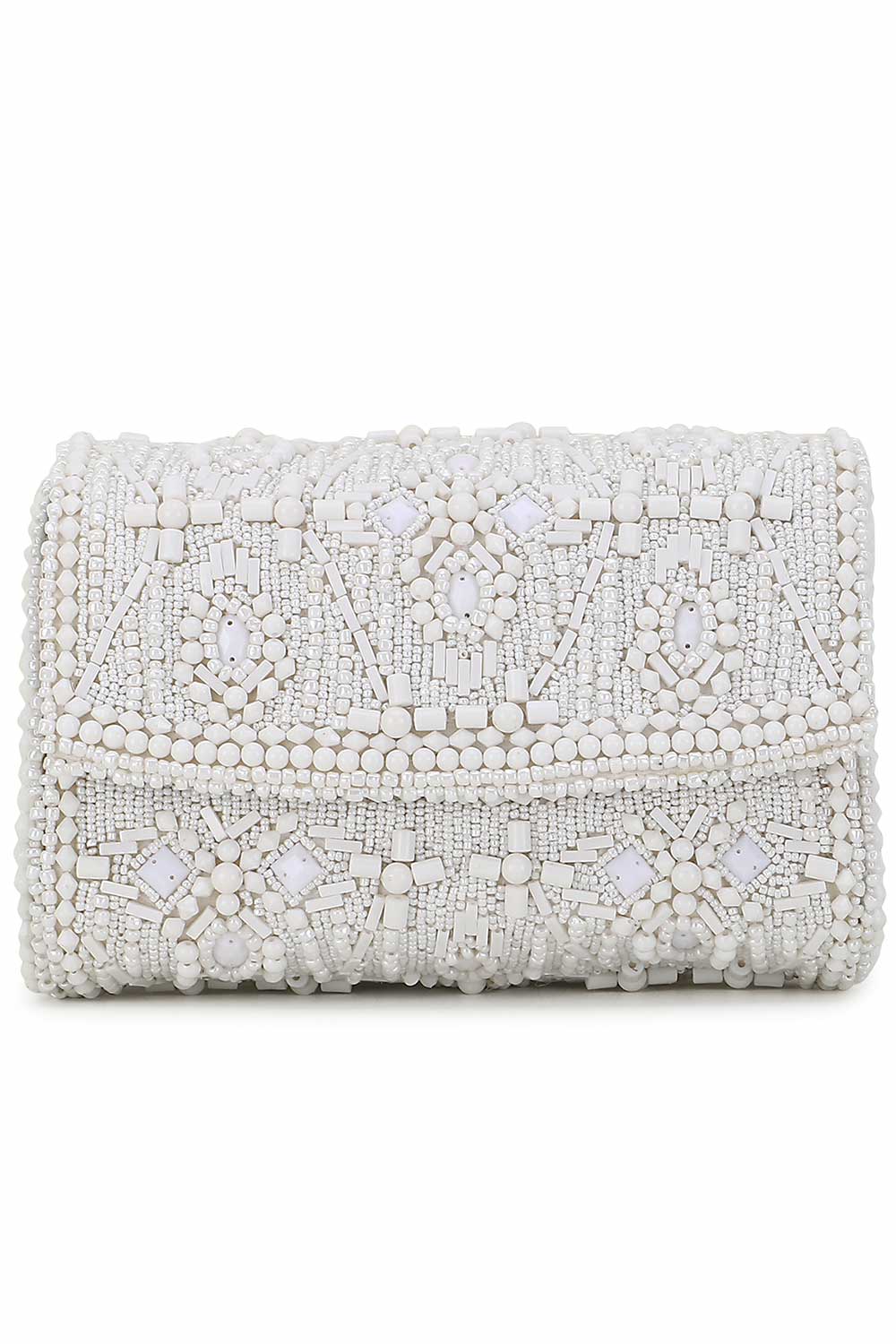 White And Silver Faux Silk Ethnic Motifs Embellished Clutch