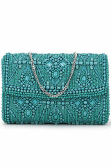 Teal And Silver Faux Silk Ethnic Motifs Embellished Clutch