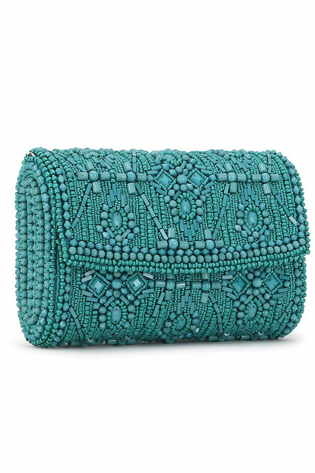 Teal And silver Faux Silk Ethnic Motifs Embellished Clutch