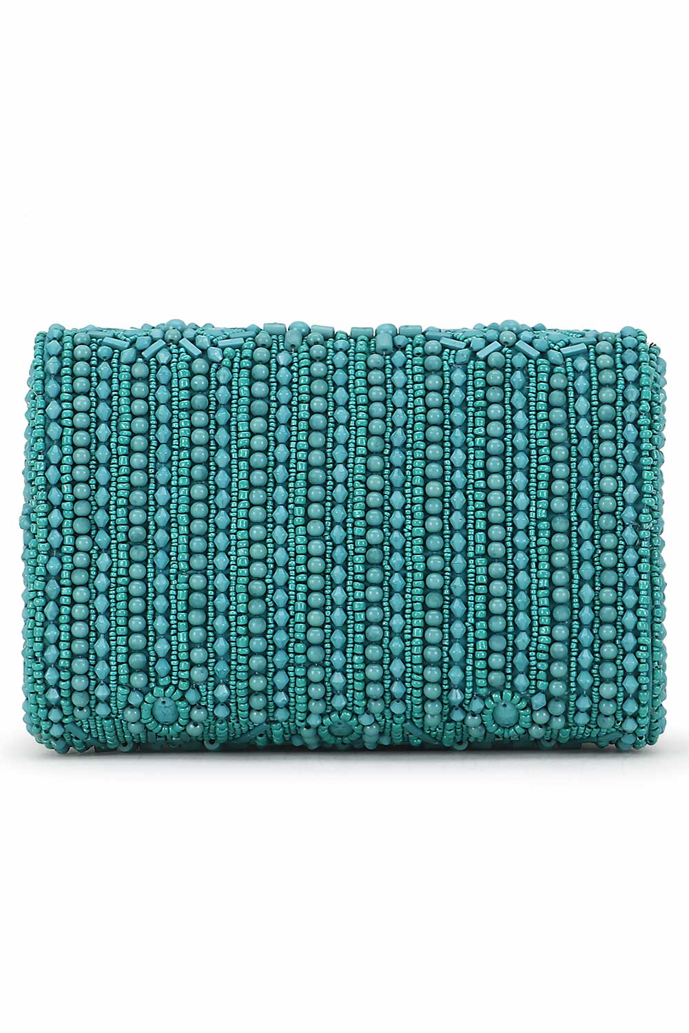 Teal And Silver Faux Silk Ethnic Motifs Embellished Clutch