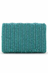 Teal And Silver Faux Silk Ethnic Motifs Embellished Clutch