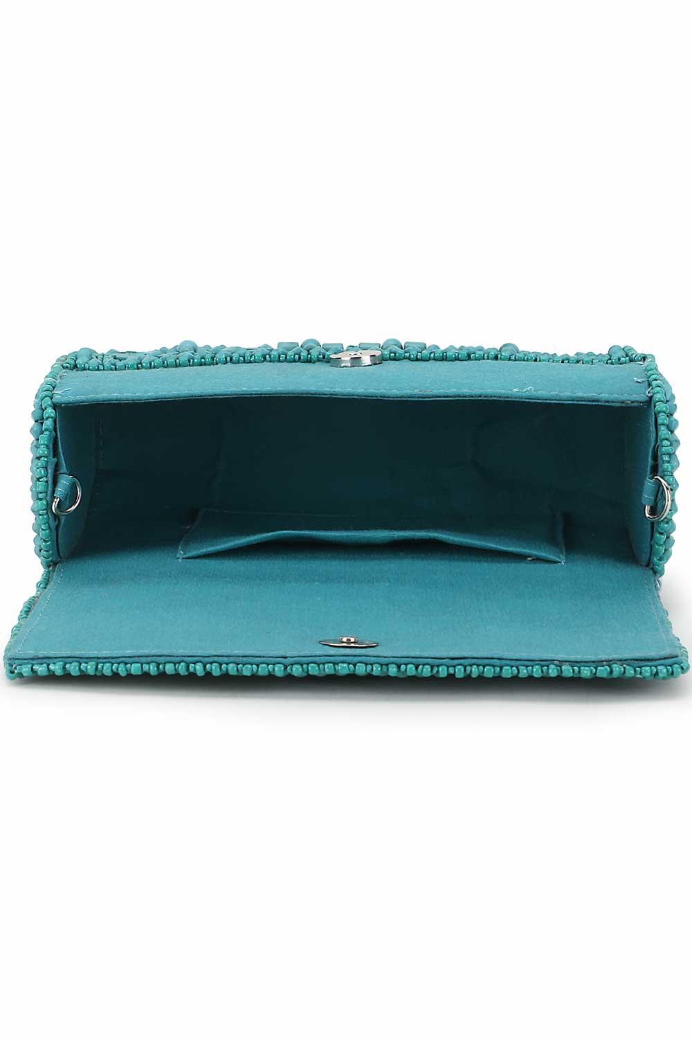 Teal And Silver Faux Silk Ethnic Motifs Embellished Clutch