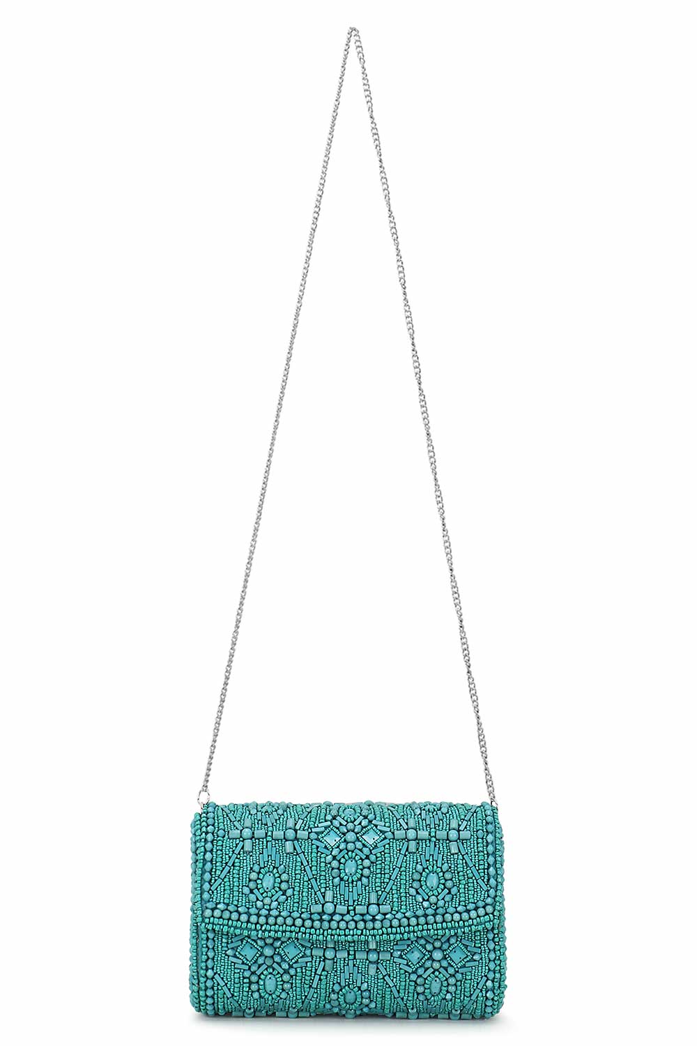 Teal And Silver Faux Silk Ethnic Motifs Embellished Clutch