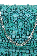 Teal And Silver Faux Silk Ethnic Motifs Embellished Clutch