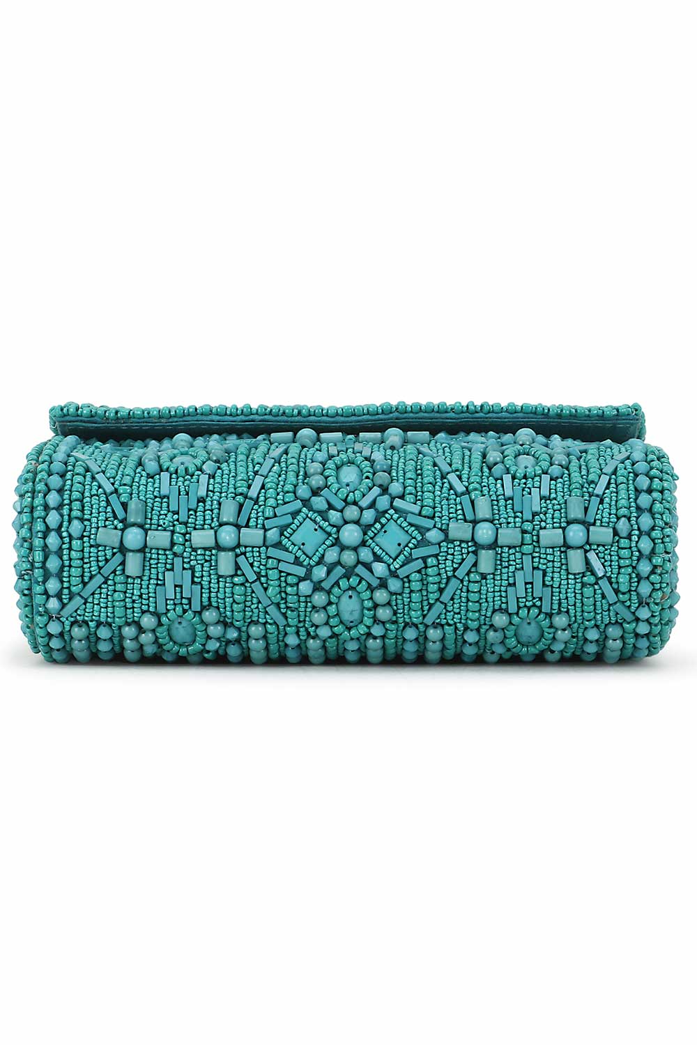 Teal And Silver Faux Silk Ethnic Motifs Embellished Clutch