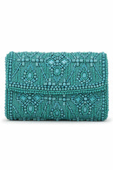 Teal And Silver Faux Silk Ethnic Motifs Embellished Clutch