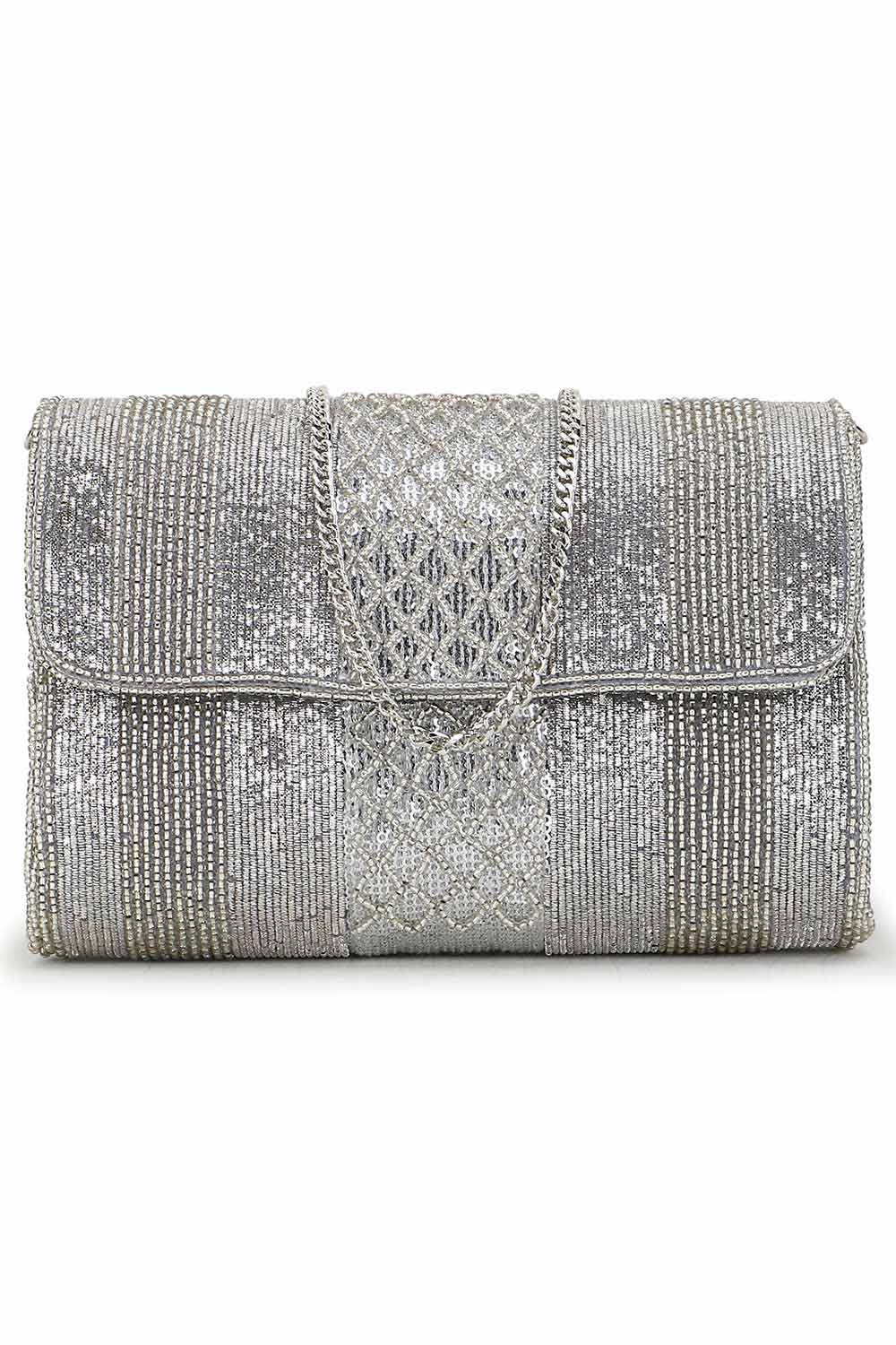 Silver Faux Silk Striped Embellished Clutch