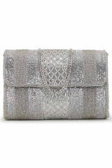 Silver Faux Silk Striped Embellished Clutch