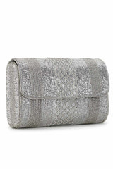 Silver Faux Silk Striped Embellished Clutch