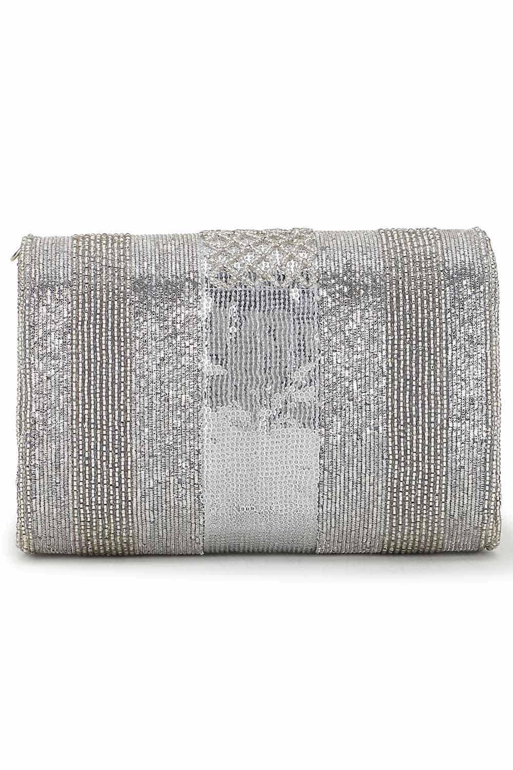 Silver Faux Silk Striped Embellished Clutch