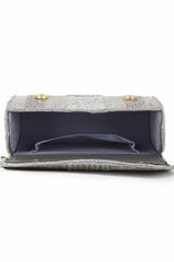 Silver Faux Silk Striped Embellished Clutch