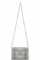 Silver Faux Silk Striped Embellished Clutch