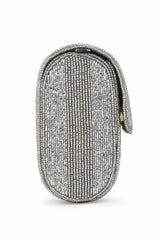 Silver Faux Silk Striped Embellished Clutch