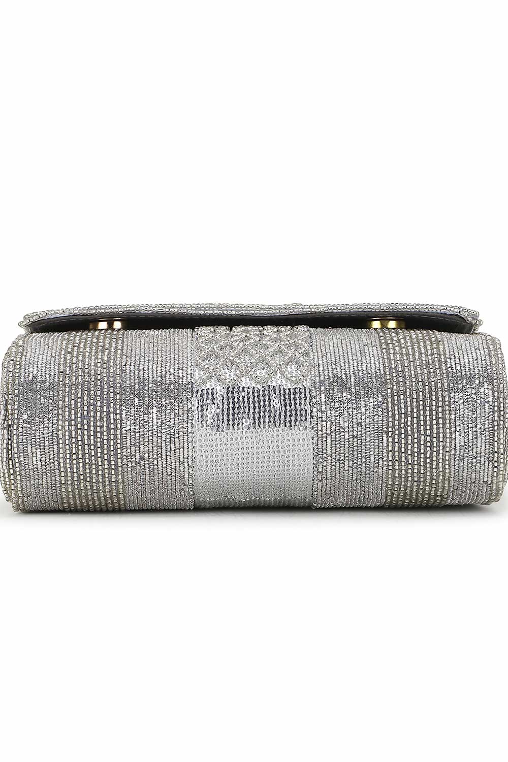 Silver Faux Silk Striped Embellished Clutch